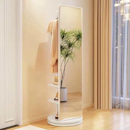 Floor-Standing Solid Wood Rotating Coat Rack,360° Rotating Full-Length Mirror with Coat Rack & Hooks - Solid Wood Freestanding Dressing Mirror for Bedroom & Living Room - Stylish Clothes Han