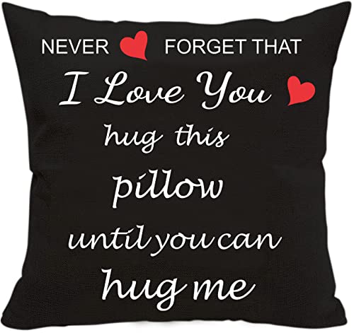 Anrkets Two Sided Printing Lover Pillow Cover I Love You Hug This Pillow Until You Can Hug Me, Valentine's Day Birthday Gifts for Girlfriend Cotton Linen Square Decorative Waist Pillowcase 18"x 18"