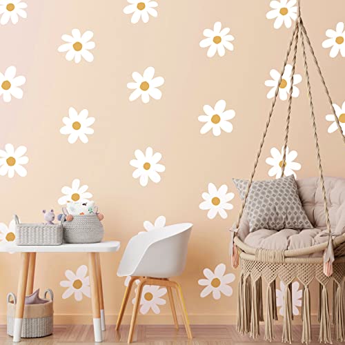 BBTO 6 Sheets Daisy Wall Decal Flower Removable Cute Daisy Bedroom Decor Flower Vinyl Wall Decals Stickers Floral Wallpaper Peel and Stick Nursery Art Bedroom Living Room(Simple Style,White)