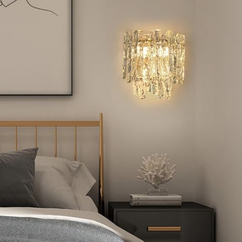 Wall Light, Luxury Crystal Wall Sconce, Gold Metal and Clear Textured Glass Ice Block Lamp, E14 3-Light 3-Color Dimmable LED Fixture for Bedroom Living Room Hallway Dining Room Parlor