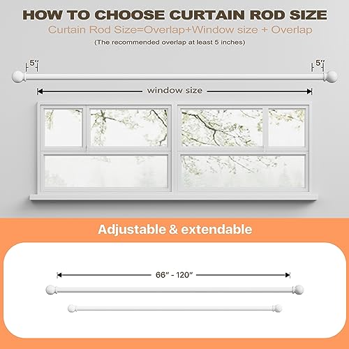 White Long Curtain Rod for Windows 66 to 120 Inch, Splicing 5/8" Heavy Duty Curtain Rod for Outdoor Patio, Sliding Glass Door, Adjustable Drapery Rod Set with Brackets, Matte White