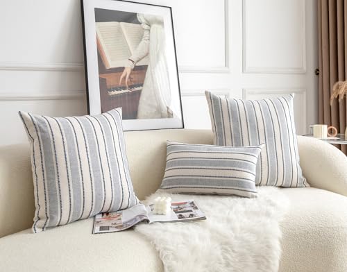 Cethom Decorative Boho Throw Pillow Covers, Farmhouse Textured Pillow Case, 18 x 18 Inch Set of 2, Chair Sofa Bedroom Living Room Home Decor Couch Cushion Case, Classic Blue and Beige Striped