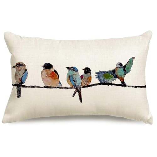 RABUSOFA 12x20 Lumbar Pillow Decorative Throw Pillows,Small Hand-Painted Outdoor Birds Pillowcases,Spring Summer Pillows Decorative Throw Cushion Covers Linen for Couch Sofa Teal Blue
