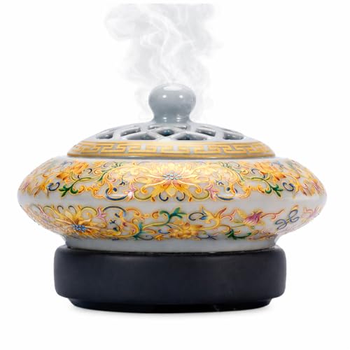 Ceramic Holder Electric Incense Burner Enamel Entwined Lotus Simulate Flames, Classical, Elegant and High-end Hollow Design