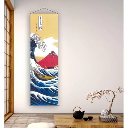 Japanese Scroll Oriental Wall Art Decor, Long Vertical Tapestry, Ukiyo-e The Great Wave Off Kanagawa by Hokusai - W15.7" x H47.2" - for Living Room,Bedroom,or Office Sushi bar Asian Restaurant CTT-18