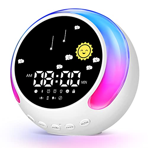 Kids Wake-Up Light with Dual Alarms, Sleep Training Sound, Sun & Moon Display, Wake-Up Reminder Clock Suitable for Boys and Gir