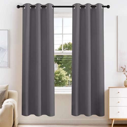 PONY DANCE Gray Black Out Curtains 72 Inch Long 2 Panels Set, Thermal Insulated Room Darkening Grommet Solid Soft Drapes for Bedroom/Living Room Window Decor Light Blocking, W34 x L72 Inch, Grey