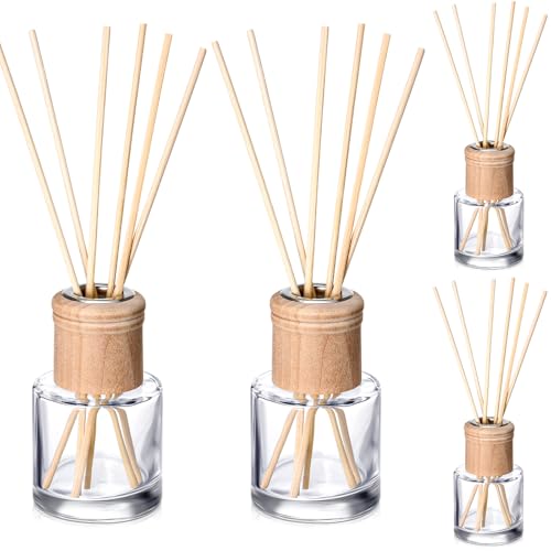 Roshtia 4 Set Reed Diffuser Bottle Empty Refillable Fragrance Glass Diffuser Bottles Set with Wooden Caps Sticks 50ml 1.7 oz Round Glass Jars for DIY Fragrance