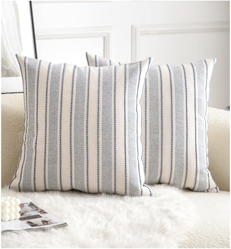 Cethom Decorative Boho Throw Pillow Covers, Farmhouse Textured Pillow Case, 18 x 18 Inch Set of 2, Chair Sofa Bedroom Living Room Home Decor Couch Cushion Case, Classic Blue and Beige Striped