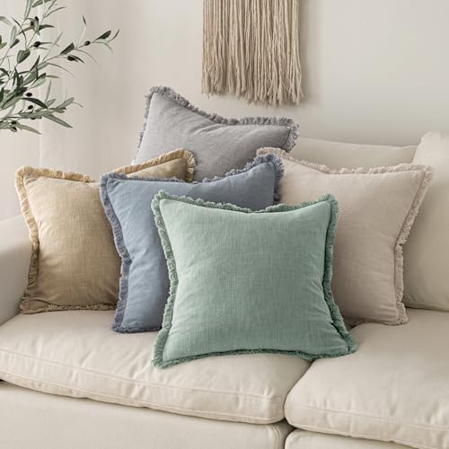 MIULEE Boho Linen Fringe Decorative Throw Pillow Covers Aqua Green 20x20
