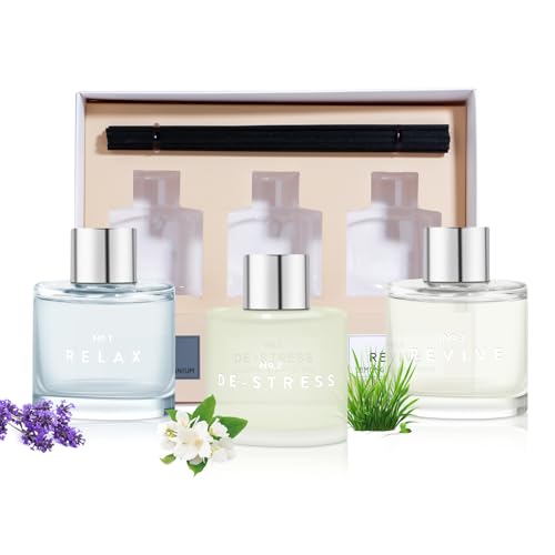 3 Pack Fragrance Diffuser, 50ML Lavender Geranium Jasmine White Tea Lemongrass Ginger Aromatherapy Diffuser Set with 12 Black Fiber Sticks,Air Freshener for Bedroom Bathroom Office