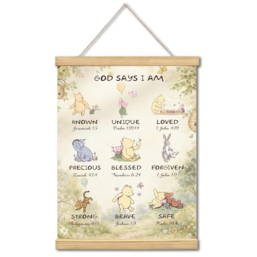 WUAWN God Says I Am Winnie The Pooh Room Decor,Biblical Affirmations for Kids Wall Art,Winnie The Pooh Baby Decorations for Nursery,Wooden Hanging Rod Religious Gifts-03