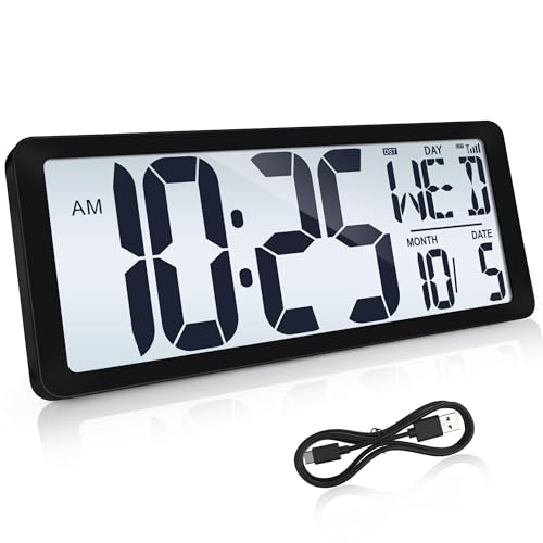4.6" Numbers Display Built-in Rechargeable Power 15" Atomic Black Wall Clock -Night Display-Never Needs Setting!-Easy to Read Numbers-Never Need Replace Battery