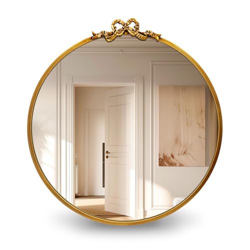 Vintage Round Gold Bow Mirror: 20" Antique Bathroom Vanity Mirrors with Metal Frame - Baroque Ornate for Entryway/Bedroom/Hallway/Fireplace- Home Wall Decor for Living Room