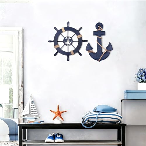 2 Pack 11" Nautical Beach Wooden Ship Wheel and 13" Wooden Anchor with Rope Nautical Boat Steering Wheel Rudder Anchor Wall Art Decor Door Hanging Ornament Beach Theme Home Decoration(Blue)