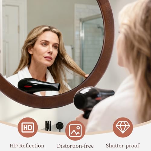 CULER Round Wood Mirror 24 Inch,Circle Mirror with Walnut Frame for Wall,Rustic Decorative Round Wall Mirror for Bathroom Bedroom Entryway(Walnut Brown)