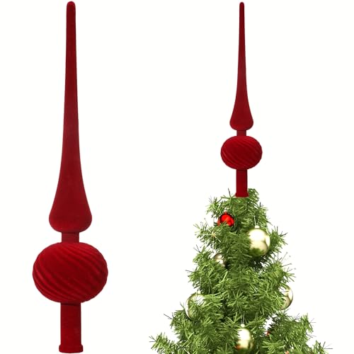 Sumind 11 Inch Red Velvet Finial Christmas Tree Topper Vintage Spherical Tree Topper Velvet Finial Mid Century Christmas Ornament for Home Xmas Holiday Party Decorations
