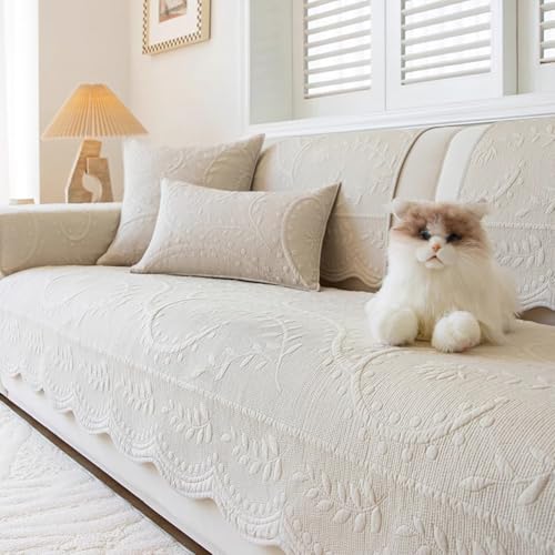 Leaf Floral Cotton Quilted Dog Couch Cover for Sofa Farmhouse Rustic Embroidered Sectional Couch Cover Soft Anti-Slip Sofa Slipcover Furniture Protector for Kids, Pets (Beige,28"x28")