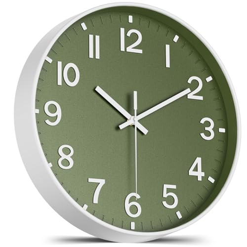 Silent Wall Clock Non-Ticking Battery Operated – Modern Olive Green Analog Wall Clock for Living Room, Kitchen, Office, Bedroom – Stylish Home Wall Decor Clock, 8 Inch