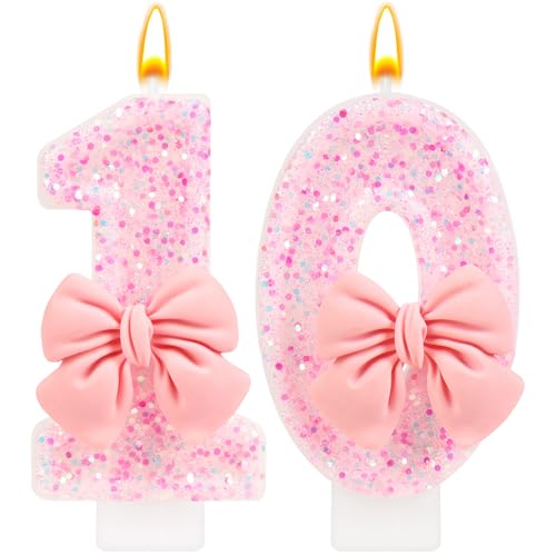 Number 10 Birthday Candle, Pink Bow Birthday Candles, Glitter Candle Cake Topper, Happy Birthday Cake Decoration Gifts, Anniversary Party Supplies for Girl