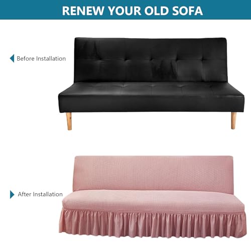 Futon Cover with Ruffled Skirt, Futon Couch Cover Without Arms, Futon Slipcover No Arms, Folding Sofa Bed Armless Covers Washable, for Living Room (Beige,Large)