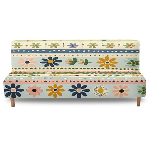 Xoenoiee Futon Sofa Bed Cover Stretch Armless Futon Slipcover Washable Elastic Sofa Couch Covers Home Furniture Protector, Boho Floral Stripes