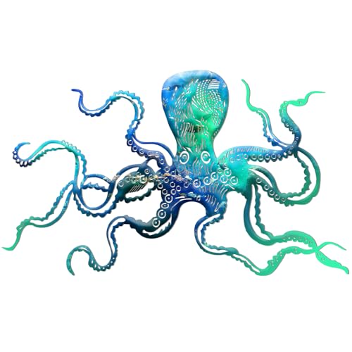 Zhengmy Octopus Metal Wall Art Octopus Wall Decor 18 x 11 Inch Extra Large Tropical Nautical Hanging Sculpture Beach Ocean Theme Home Bedroom Decoration Summer Gifts(Ocean Blue)
