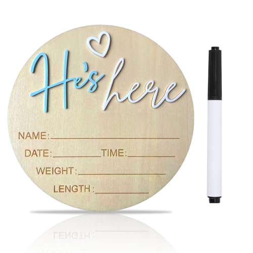 Baby Announcement Sign, 5.9 Inch Wooden Hello World Newborn Signs, Birth Announcement Sign, Gender Reveal Signs, He's here Decoration, Welcome Newborn Arrival To World (He's,Blue-A)
