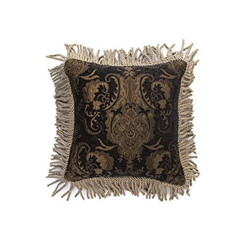 Austin Horn Classics 13” x 13” Chenille Jacquard Decorative Pillow - Black & Gold Accent Cushion with Bullion Fringe All Around, Polyester Fiber Filled, Spot Clean Only