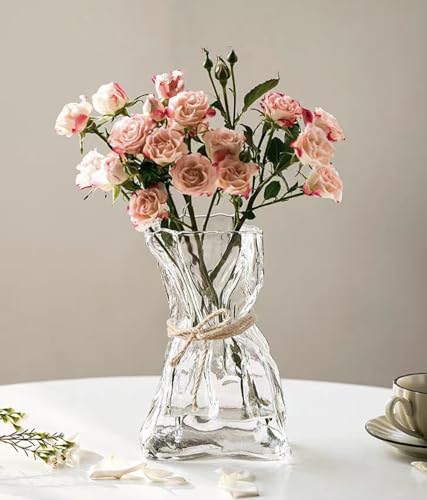 FOWSEEK 6 Inch Small Glass Flower Vase, Irregular Clear Flower Vases for Centerpiece Table Indoor Desk Decor, Modern Art Decorative Vase for Home Office Wedding Bookshelf Housewarming Gift