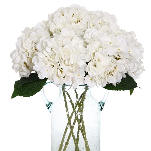 Kimura's Cabin 6pcs White Hydrangea Artificial Flowers Silk Fake Hydrangeas Faux Hydrangea Flowers with Stems for Wedding Bouquets Arrangement Home Table Centerpieces Baby Shower Party Decoration