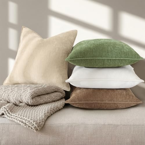 decorUhome Chenille Beige Velvet Throw Pillow Covers 26x26 Set of 2