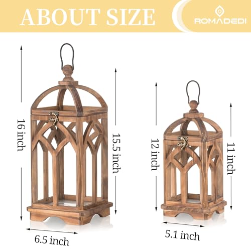 Romadedi Farmhouse Wood Candle Lantern Decorative 12"/16", Set of 2, Brown