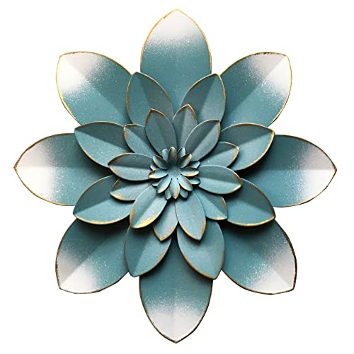 Blue Metal Flower Wall Art Decor, 9.5“ Rustic Modern Floral Sculpture, Distressed Hanging Home Decoration Accent Artworks for Indoor Bedroom Living Room Office Outdoor Garden Patio