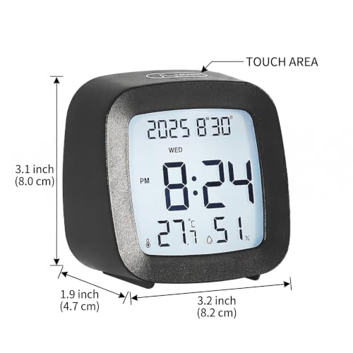 Digital Alarm Clock with Backlight, Snooze, Temp & Humidity Display,Black | Time, Date & Weekday Temperature & Humidity Touch Backlight 5-Minute Snooze,Battery Operation Long Battery Life