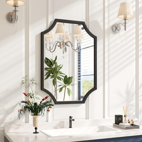 Kelly Miller 20"x28" Scalloped Black Bathroom Mirror for Wall Mount, Home Mirror | Elegant beveled vanity mirror with wavy edges. Perfect metal frame wall mirror for living room, bathroom & entryway.