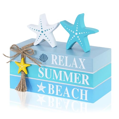 Beach Summer Table Decor, Starfish Wooden Stacked Books Sign for Ocean Tiered Tray Decorations, Coastal Nautic
