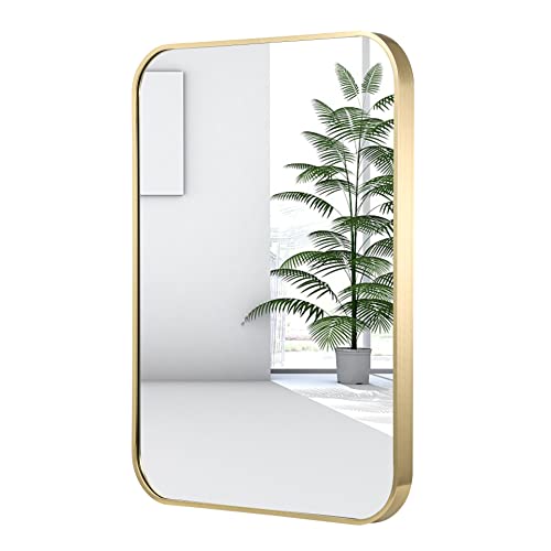24x36 Inch Gold Bathroom Mirror, Brushed Brass Gold Metal Framed Rectangular Mirror with Rounded Corner, Wall Mounted Vanity Mirror for Bedroom or Living Room, Horizontal/Vertical