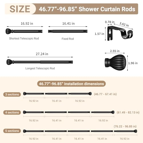 Curtain Rods for Windows 20.77 to 92.85 Inches, 1" Diameter Adjustable Black Curtain Rod, Window Treatment Rods with Round Finials, Easy Mount Hardware Included (46.77-96.85 Inches)