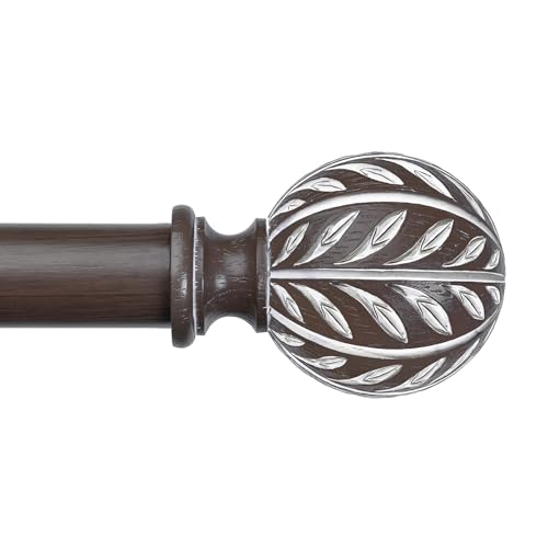 Walnut Wood Curtain Rod 36-122 Inch, Boho Decorative 1 Inch Long Curtain Rods for Windows, Adjustable Heavy Duty Vintage Rustic Window Treatment Rods with Faux Wood Grain Leaf Finials