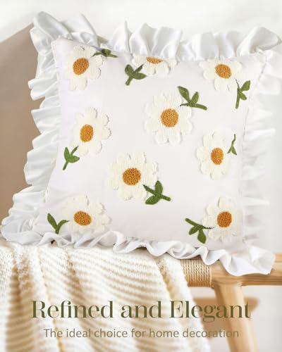 Embroidered Throw Pillow Cover, 18x18 Inch, Ruffle Daisy