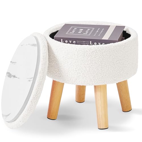 IBUYKE Small Foot Stool Ottoman with Storage, Round, Cream