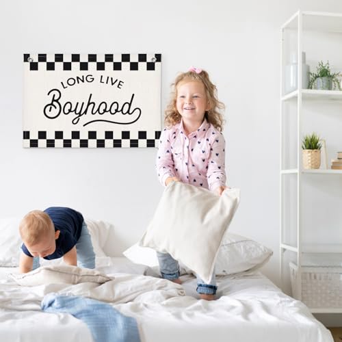 Long Live Boyhood Black and White Checkered Boys Room Decor - Cars Room Decor Linen Banner Wall Hanging Canvas Banner Flag Decor for Toddler Boy Bedroom Nursery Playroom Birthday Party