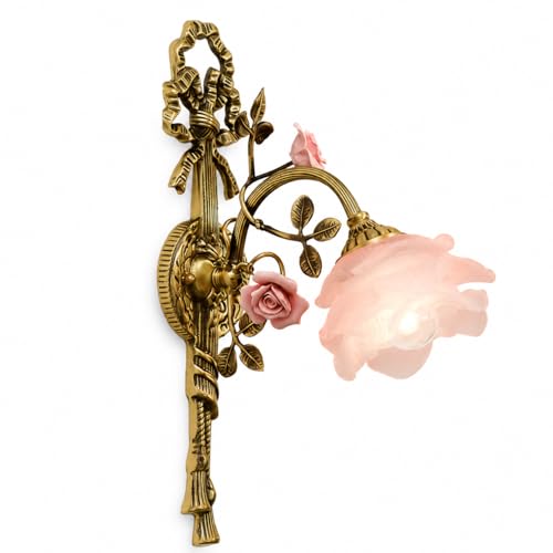 Country Vintage Wall Sconce, Vintage Rose Ceramic & Glass Shade Wall Lamp, Elegant Ornate Floral Wall Lights, Antique Brass Finish Wall Light Fixture for Hallway, Bedroom Bedside Parlor(Pink)