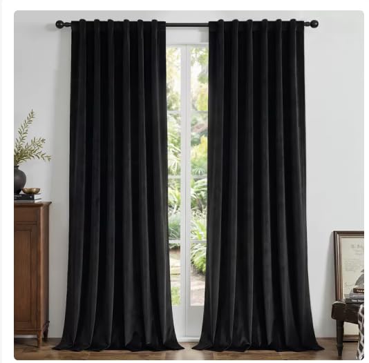 Joydeco 100% Blackout Velvet Curtains 84 Inch, Luxury Thermal Insulated Black Velvet Curtains for Bedroom Living Room, Soundproof Blackout Window Drapes, Rod Pocket & Back Tab (52W x 84L)