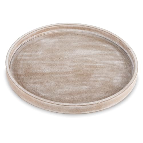 Hanobe Round Decorative Tray for Coffee Table Decor, Weathered White Finish