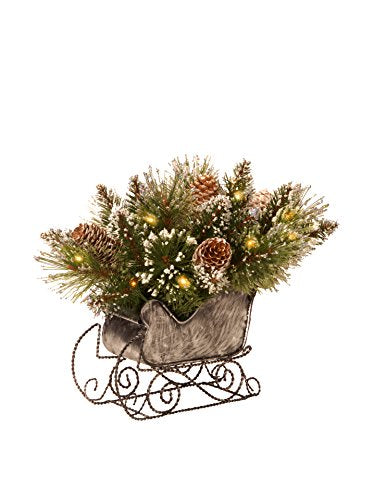 National Tree 10 Inch Glittery Bristle Pine Sleigh with White Cones and 15 Battery Operated Warm White LED Lights (GB3-300-10-B)