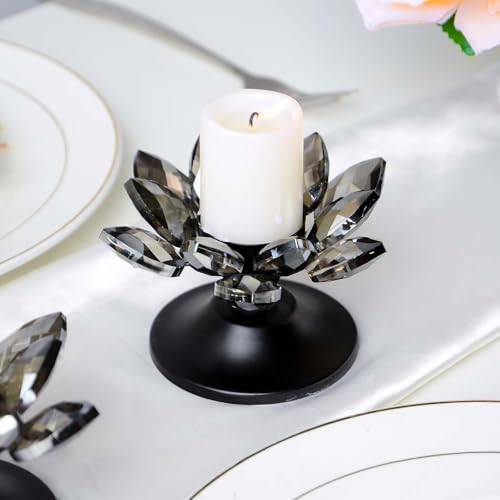 1 PC Black Crystal Flower Tea Light Holder, Glass Tealight Candlestick with Metal Base, Votive Candle for Table Centerpiece, Wedding/Parties Decor, Nice Gift