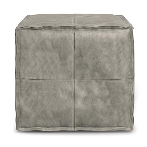 SIMPLIHOME Brody 18" Wide Square Pouf in Distressed Grey Vegan Leather