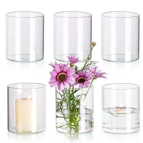 Glasseam Cylinder Vases for Centerpieces, Set of 6 Clear Glass Vases for Flowers, Modern Small Decor for Floating Candle, Decorative Hurricane Candle Holders for Home Wedding Table Decorations, 4in
